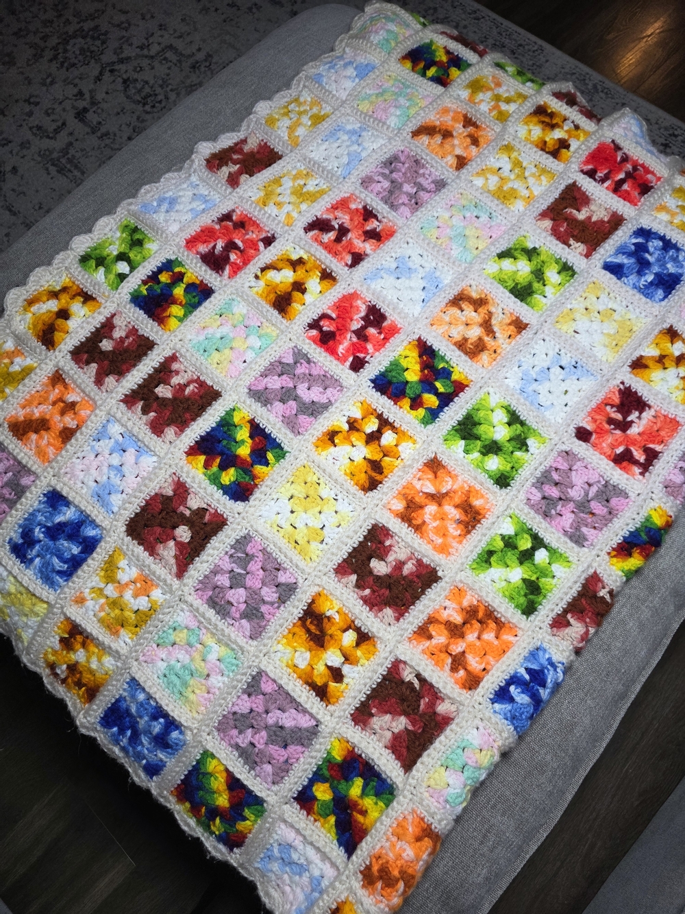 Handmade Multicolor Crochet Granny Square Throw Blanket - White Border